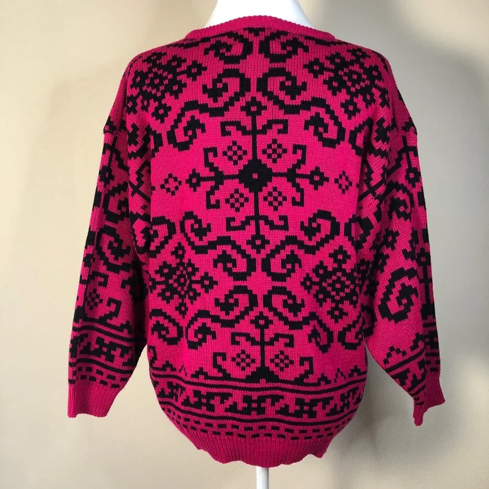 VTG Genesis 80s 90s Fushia Pink - Black Pullover Oversized Acrylic Knit Sweater - Picture 7 of 7